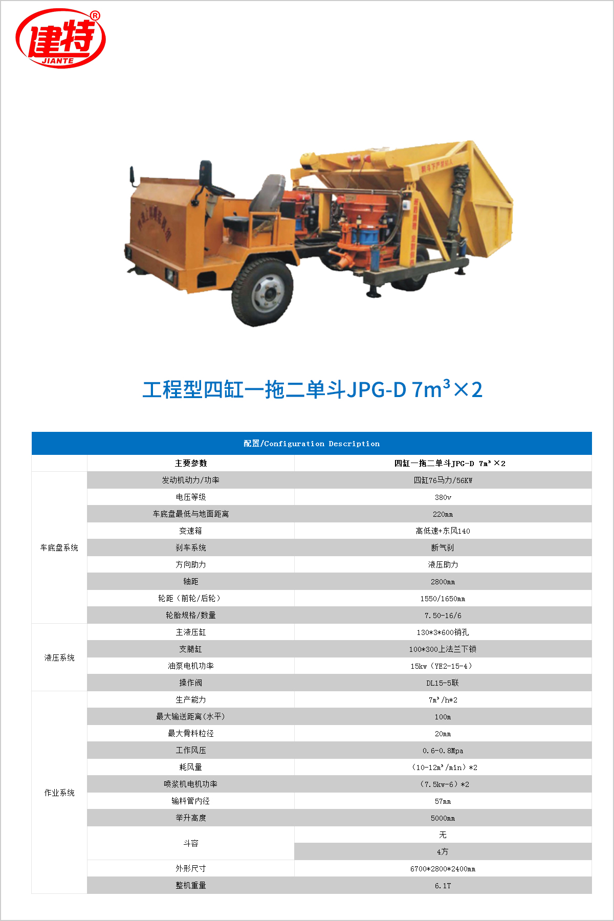 工程型四缸一拖二單斗JPG-D 7m3×2